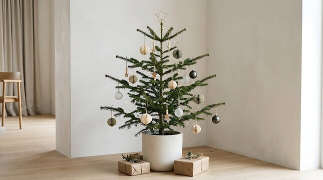 Modern minimalist artificial christmas tree with gold ornaments in a cozy indoor setting