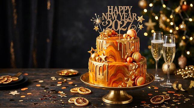 New year 2023 celebration cake with champagne glasses and confetti