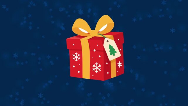Red Christmas gift box with yellow ribbon and snowflake pattern on blue background