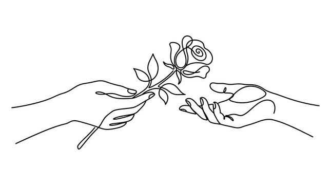 Two hands exchanging a single red rose with green leaves