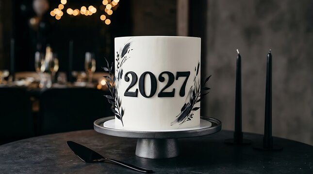 White cake topper with 2027 and floral design on elegant stand