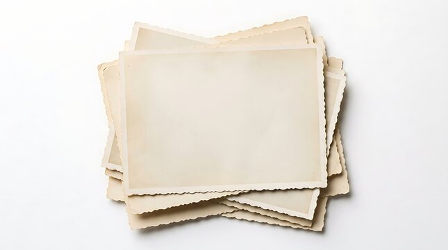 Stack of vintage blank photographs with deckled edges isolated on white background for design mockup