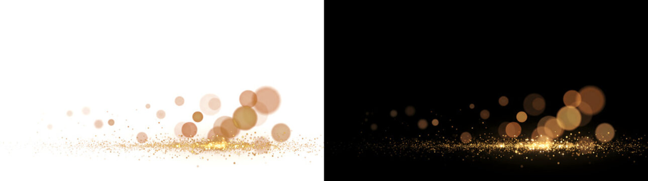 Glitter sparkling along a low line with warm bokeh circles for festive designs in PNG, Transparent and Black Background Versions
