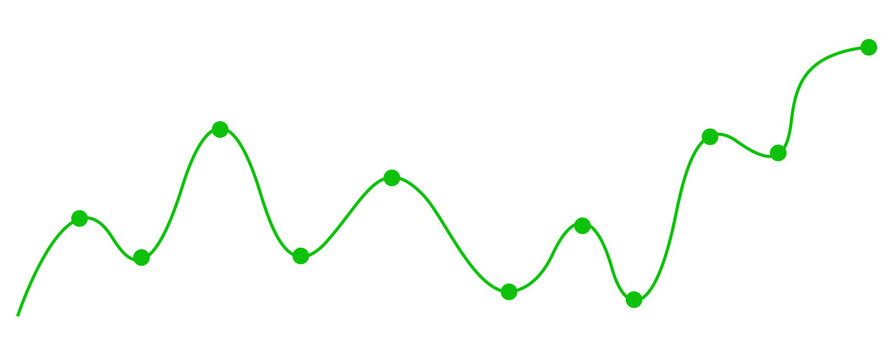Bright green line graph with circular data points moving in waves across a transparent background, showing changing values and growth trends.