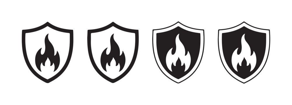 Fire protection shield icons, featuring flame symbols for security and safety, rendered in black.