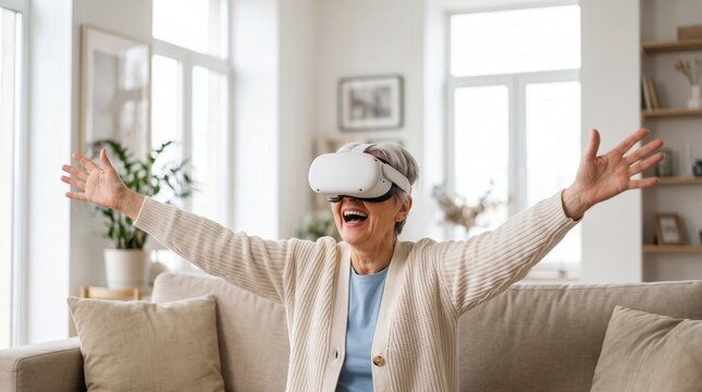 Happy older woman wearing VR headset on a sofa capturing joyful immersive technology and digital exploration for senior lifestyle marketing and gerontology technology visuals.
