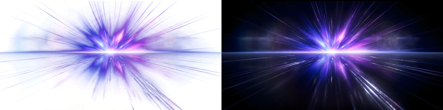 Light burst exploding from a bright horizon with purple and blue rays and reflections for sci-fi and tech designs in PNG, Transparent and Black Background Versions