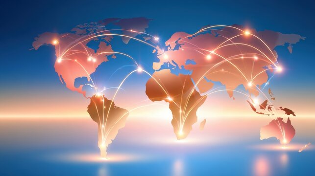 Blue background with glowing world map and orange shipping routes network connection