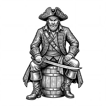 A fierce bearded captain wearing a tricorn hat sits proudly upon a wooden cask while holding his trusty cutlass tightly within both hands during an adventurous voyage across the sea. Ornament