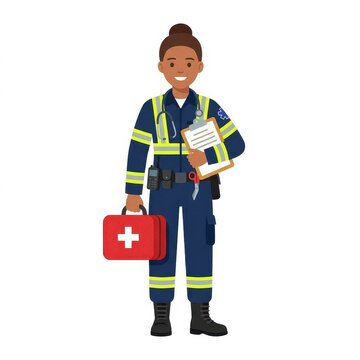 Female paramedic with first aid kit and clipboard