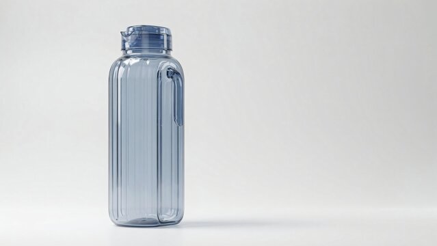 Transparent blue plastic water pitcher with vertical ribbed texture