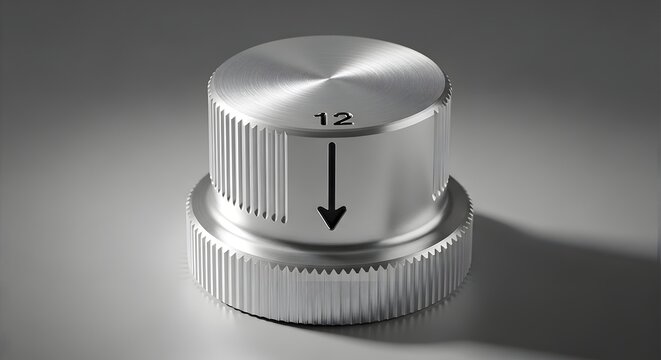 Silver metal control knob with numerical indicator and directional arrow on a gradient background with soft studio lighting