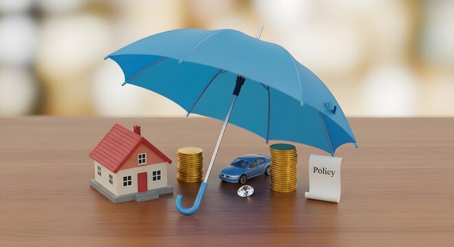 Small house car and coins protected under a blue umbrella with a policy document