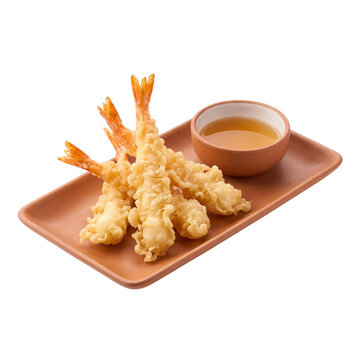 Crispy ebi tempura Japanese food fried shrimp served with savory dipping sauce in a small bowl on a brown ceramic plate meal on transparent background