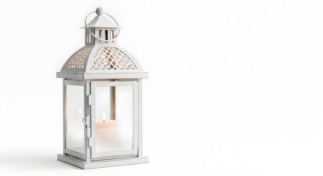 White metal lantern with lit candle inside against a clean white background