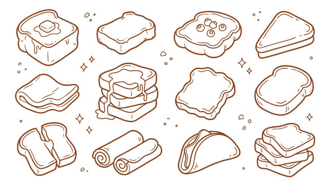 Collection of illustrated bread slices and toast variations, including buttered toast, jam, and pancakes.