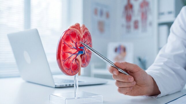 Chronic kidney disease concept with a doctor examining a kidney model for treatment.