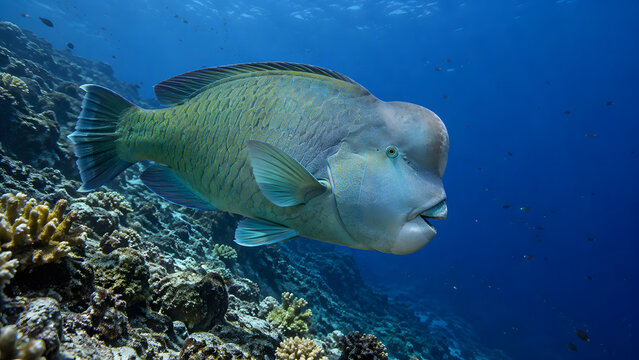 Giant bumphead parrotfish swimming along a reef slope