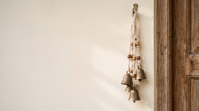 A decorative hanging of rustic brass bells with wooden beads on cream cords attached to a wall hook next to a wooden door