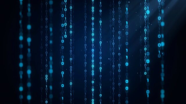 Vertical streams of glowing blue binary code on a dark background