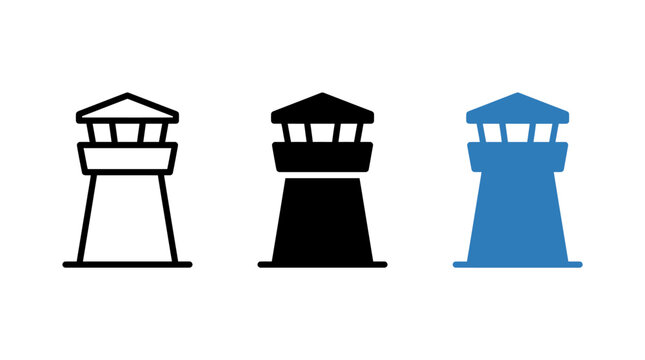 Set of Three Watchtower Icons in Solid and Outline Styles for Graphic Design