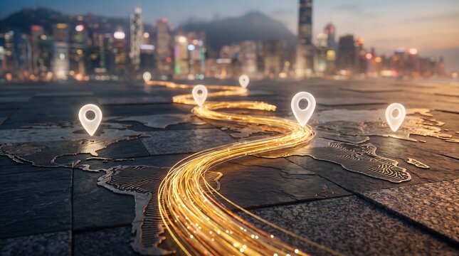 Glowing golden pathway flowing across world map with location pins toward city skyline, digital 3D concept illustration, perspective view