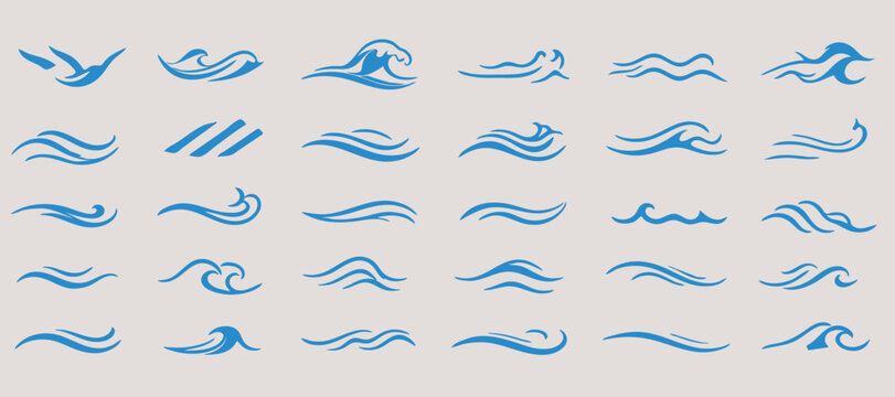 Water wave, sea wave set. Zigzag line. Water logo, symbol vector collection.