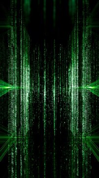 Green binary code streams falling in a dark digital abyss