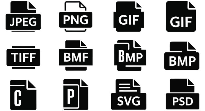 File format icons representing jpeg png gif tiff bmp svg psd and c filetypes