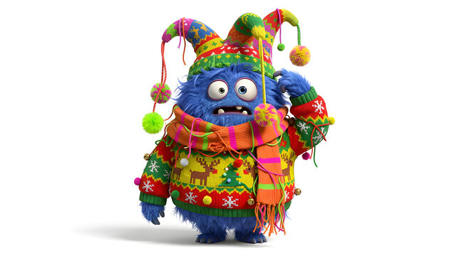 Cute cartoon monster wearing a hideous Christmas sweater, a giant tangled scarf and a bizarre hat with dangling pompoms, hilarious bewildered expression, bright playful colors, pure white background, 