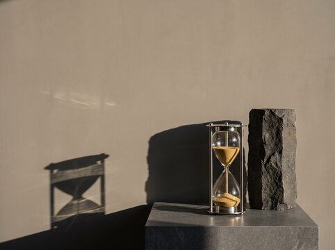Modern hourglass with golden sand next to stone pillar for investment time value