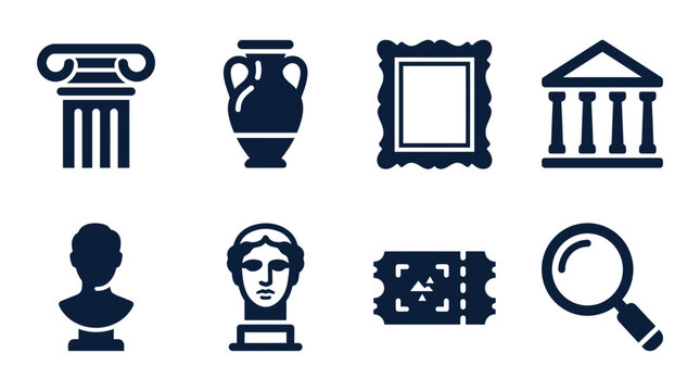 Dark blue museum and history glyph vector icons set featuring antique artifacts and classical architecture