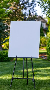 Blank white foam board on black easel in green backyard garden