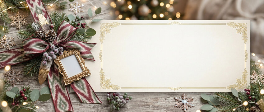 Festive Christmas Banner Template with Frame Ribbons and Pine Branches