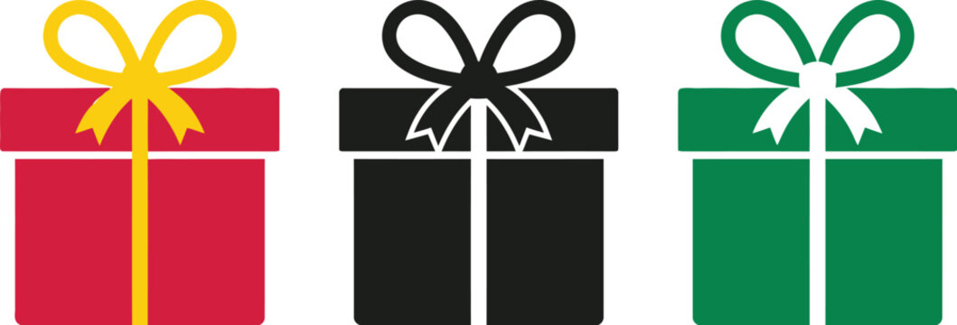 Present boxes decorated with festive bows stand neatly aligned against a plain white background.