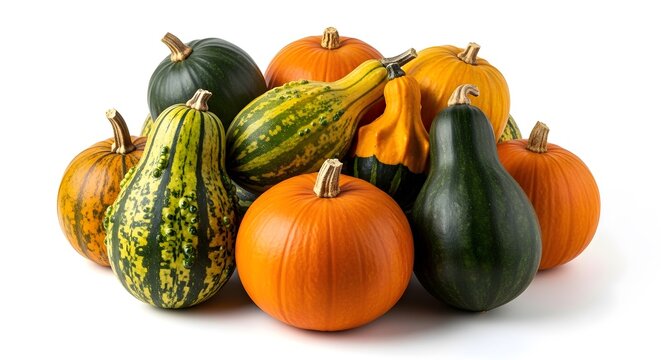 Assorted gourds and pumpkins arranged in a harvest display with bright lighting against a white background for seasonal promotion