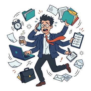 Stressed businessman multitasking with many arms