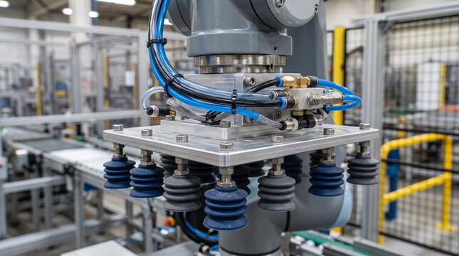 Robotic arm vacuum suction cup gripper, industrial automation pneumatic manipulator in smart factory production line