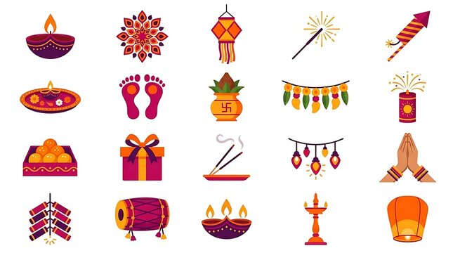 Diwali festival flat vector icon set with diya lamp rangoli firecracker lotus flower and celebration elements