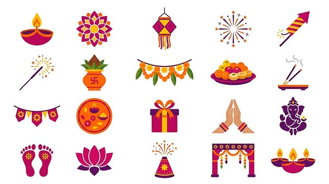 Diwali festival vector icon set with diya lamps fireworks sweets and traditional symbols on white