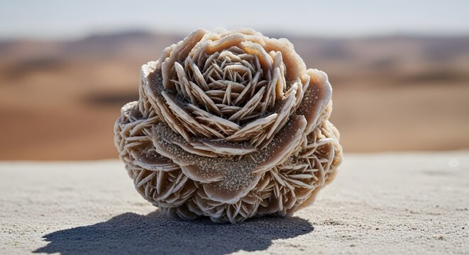 Desert rose mineral formation in dry arid landscape with soft natural sunlight and selective focus