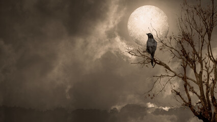 A dark, atmospheric scene of a lone black crow perched on a bare tree branch against a large,...