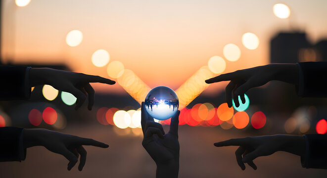 Crystal ball reflecting city skyline held by hand with pointing fingers during sunset golden hour
