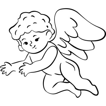 Cute flying cherub cupid angel line art vector illustration, romantic love angel outline icon for wedding or valentine day