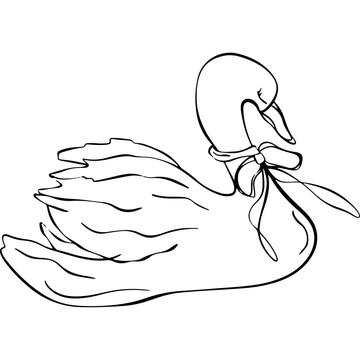 Elegant swan with ribbon bow line art vector illustration, romantic love bird outline icon for wedding party decoration