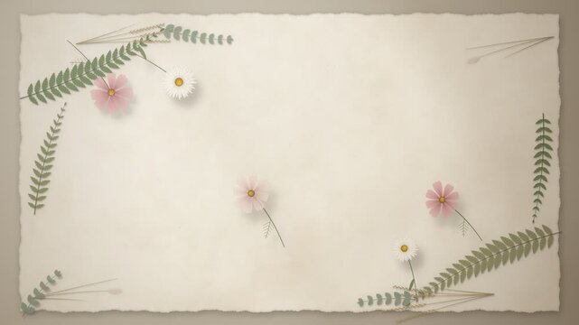 Pressed Wildflowers Settling on Handmade Paper Flat Lay Invitation Frame Animation