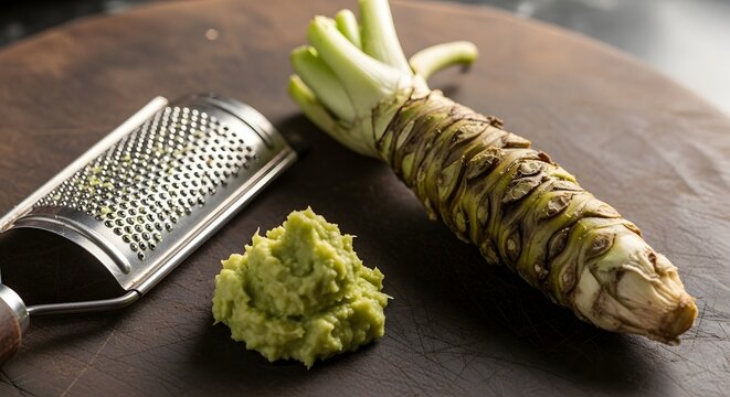 Fresh Wasabi root with grater and paste on dark wood surface with soft natural light