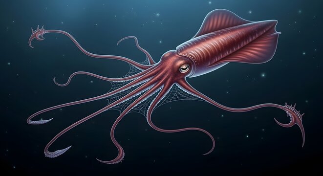 Giant Squid with Tentacles Extended in Deep Ocean Abyss with Bioluminescent Particles