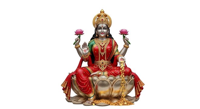 Goddess Lakshmi seated on lotus holding flowers during Diwali festival with divine aura and gold coins