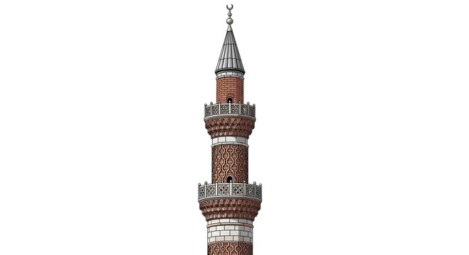 Islamic Minaret architectural detail with intricate brickwork against a clean white background